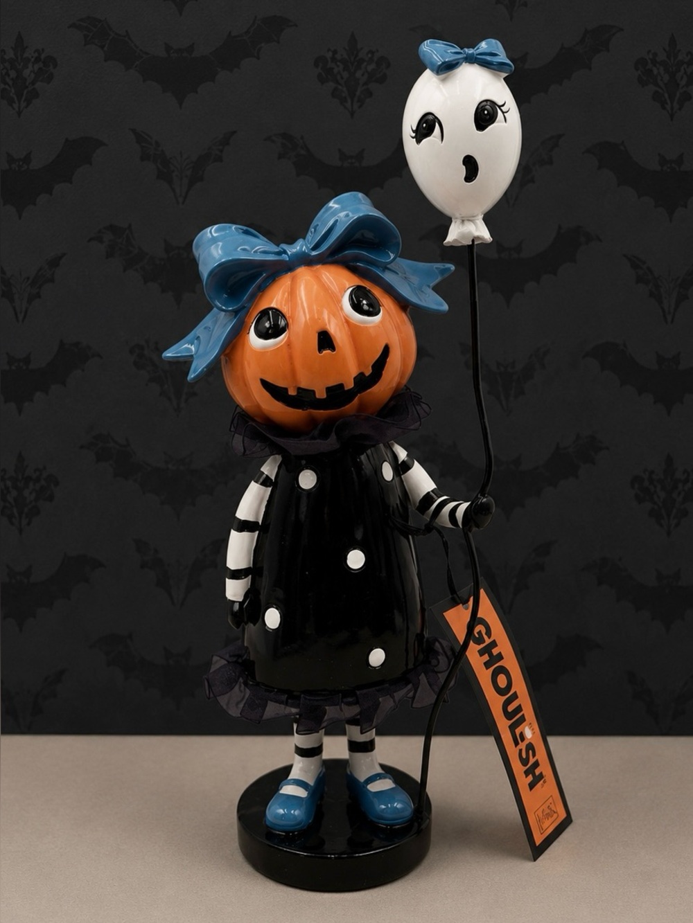 Ghoulish Vintage-Style Pumpkin Girl with Balloon & Blue Bow Halloween Carnival